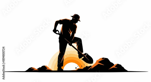 Silhouette of a man digging with a shovel at sunset.