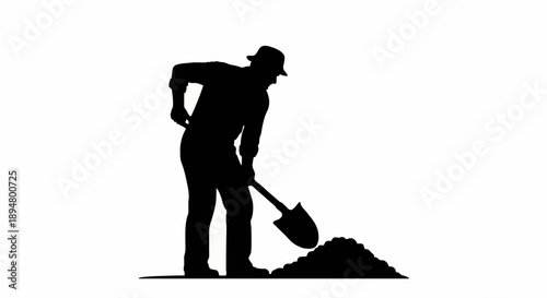 Silhouette of a man digging with a shovel.