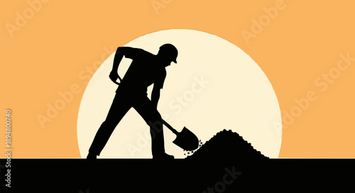Silhouette of a man digging with a shovel at sunset.