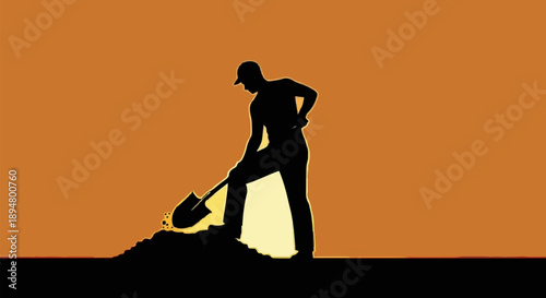 Silhouette of a man digging with a shovel at sunset.