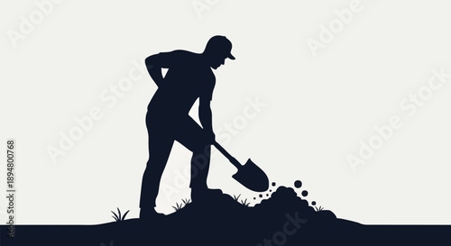 Silhouette of a man digging with a shovel on a white background.
