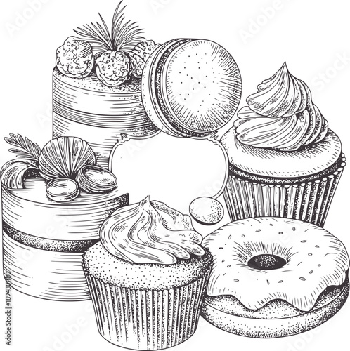 Black and pen and ink of assorted decorated pastries cakes cupcakes donut macarons