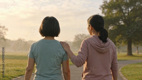 Wallpaper Mural Two women walking on a park path at sunrise, one gently reassuring the other Torontodigital.ca