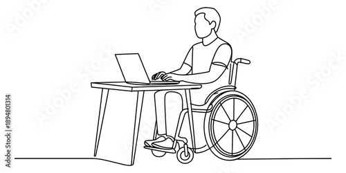 Continuous line drawing of a person with a disability working on a laptop Vector, illustration
