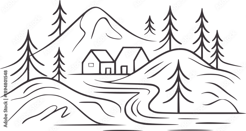 Fototapeta premium Minimalist black and hand drawn mountain cabin landscape handdrawn mountains