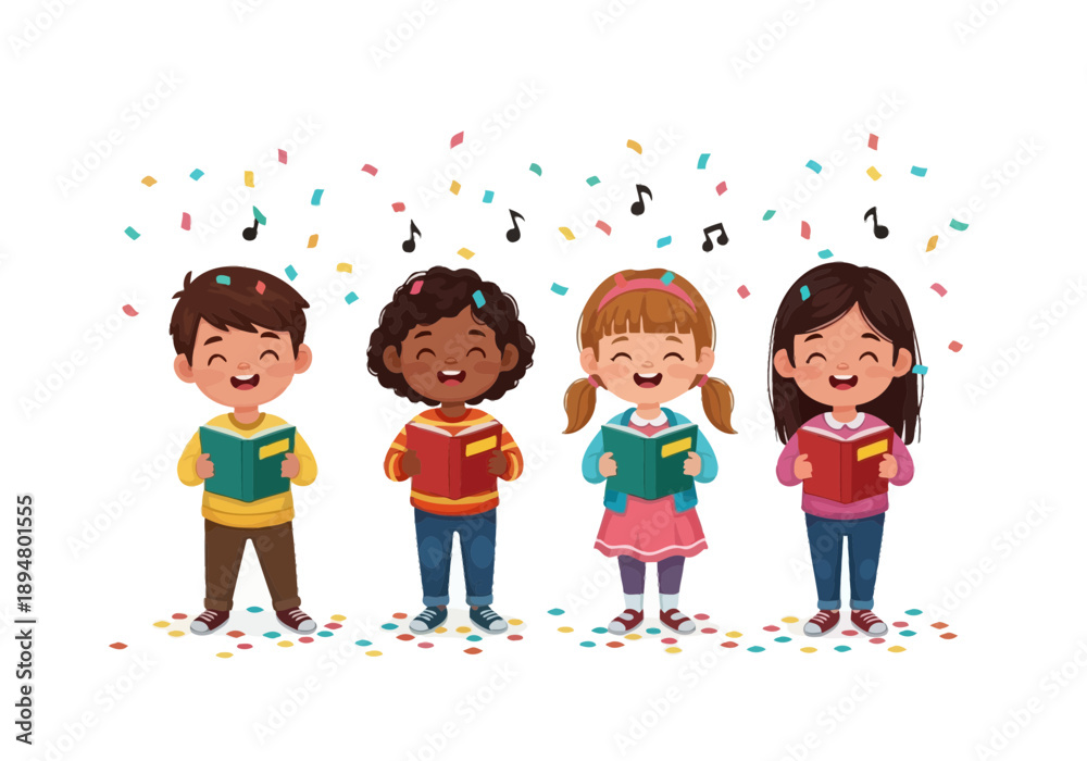Fototapeta premium Four happy children singing from books with confetti and music notes