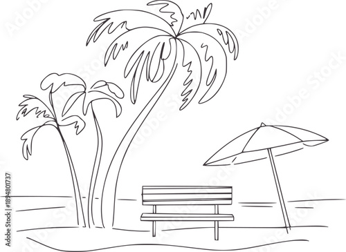 Minimalist black and of a beach bench with palm trees and umbrella