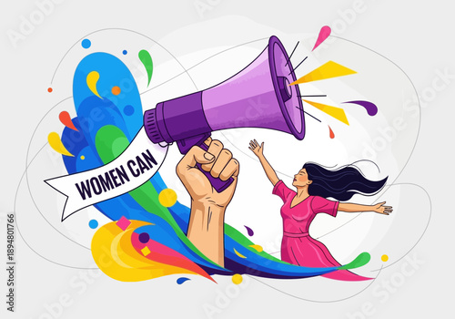 Woman speaking through megaphone empowerment concept