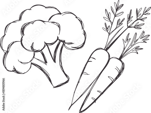 Minimalist black and of broccoli and carrots with stems monochrome