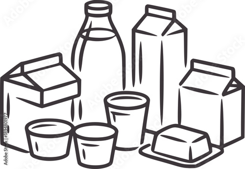 Minimalist black and of dairy products and containers milk carton bottle glass