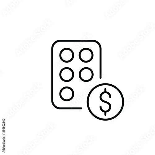 Blister of pills and dollar. Medication and health costs. Pixel perfect, editable stroke vector icon