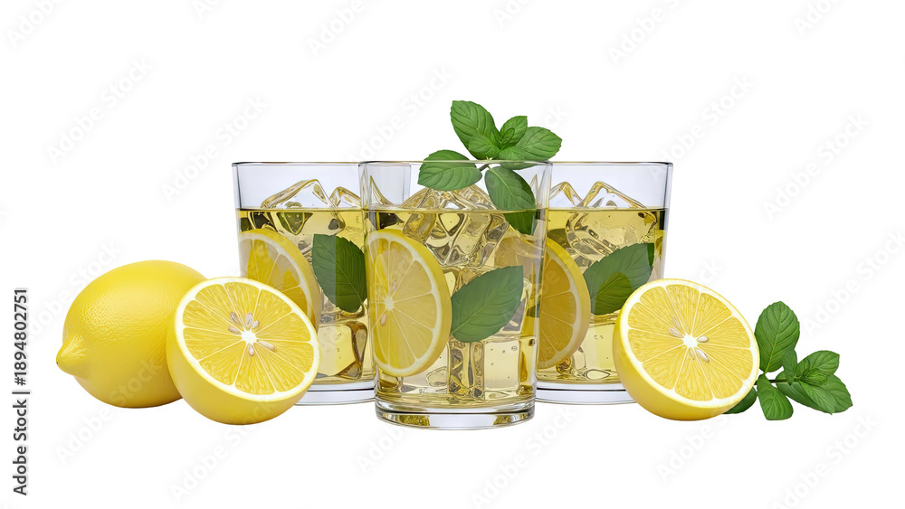 Fototapeta premium Three glasses of iced lemon tea with fresh lemons and mint leaves