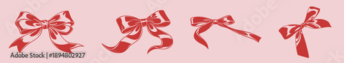 Red satin ribbon bows with soft glossy fabric texture, decorative textile knots for gift wrapping, romantic holiday