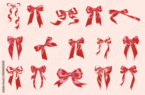 red satin ribbon bows set with soft fabric texture, decorative tied bows for gift wrapping
