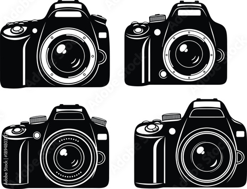 Black and white vector silhouette set of modern digital SLR and mirrorless cameras with professional lenses for photography studio branding and technical equipment icons