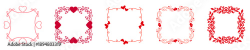 Valentine’s Day decorative frame set with hearts and floral ornaments, romantic square photo frames with rounded corners in red and pink colors