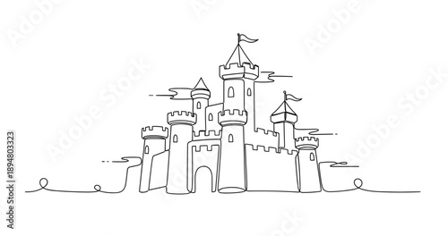 Whimsical line drawing of a fantasy castle with turrets and flags, no editable stroke