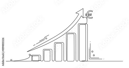 Continuous line drawing of increasing bar graph with euro symbol and arrow, no editable stroke