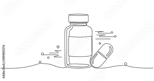 Outline of medicine bottle and capsule with decorative swirls and sparkles, no editable stroke