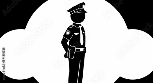 Silhouette of a police officer in uniform standing guard.