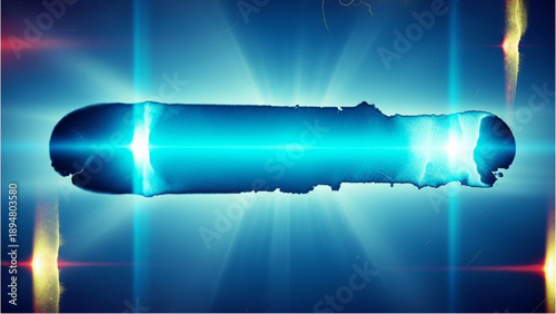 A cylindrical object glowing bright blue is centered on a dark blue background with light rays emanating from it in a futuristic scene.