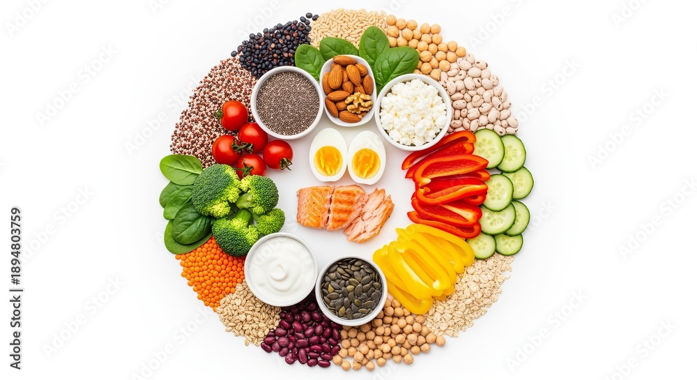Fototapeta premium Vibrant Flat Lay Healthy Eating Arrangement, Displaying a Protein Power Plate With Essential Foods
