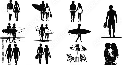 Black silhouette illustration set of couples and surfers walking on beach, summer vacation romance concept, seaside leisure activities, love and travel lifestyle icons