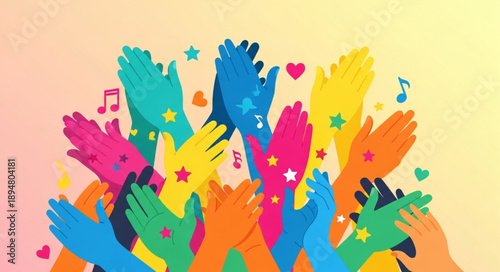 Colorful hands clapping and celebrating together with music notes and hearts.