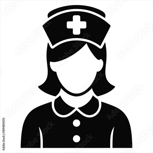 Female nurse icon in black with white details healthcare professional