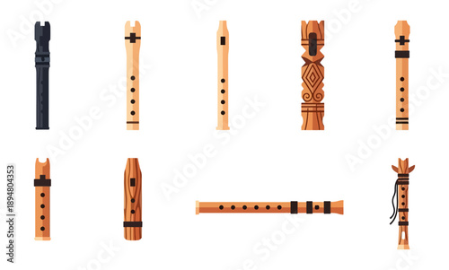 Collection of decorative flutes and musical instruments on black background