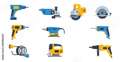 Collection of electric tools illustrations on black background