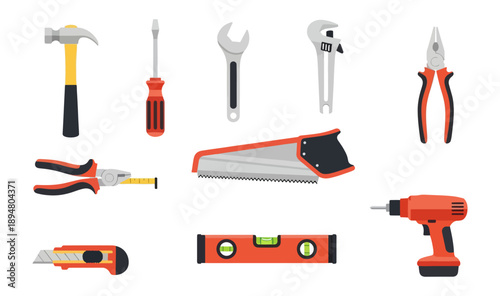 Collection of hand tools on black background for design and construction