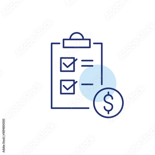 Checklist on clipboard and dollar. Budget planning cost, financial organization payment, expense tracking tool. Pixel perfect, editable stroke vector icon