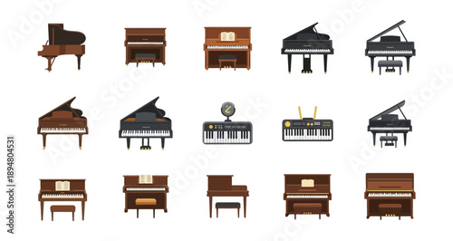 Collection of pixelated piano illustrations for music and design projects