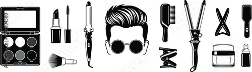 Black vector icon set of beauty and grooming tools featuring makeup palette lipstick curling iron hairbrushes and male hairstyle isolated on white for salon branding