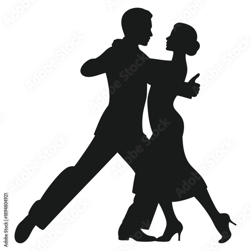 Silhouette of elegant couple performing romantic tango dance on white