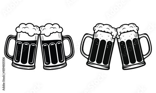 Two pairs of clinking beer mugs with frothy beverage isolated white