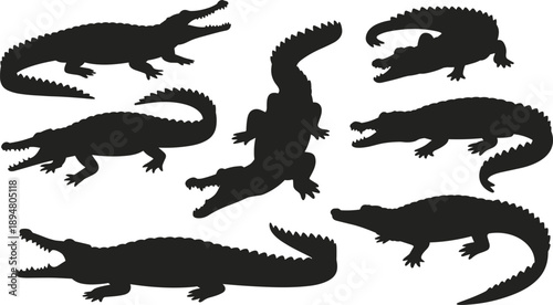 Black crocodile silhouettes set showing multiple alligator poses isolated on white background wildlife reptile icon collection for design, logo, illustration, and branding