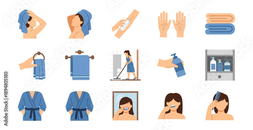 Daily routine icons illustrating personal care and hygiene