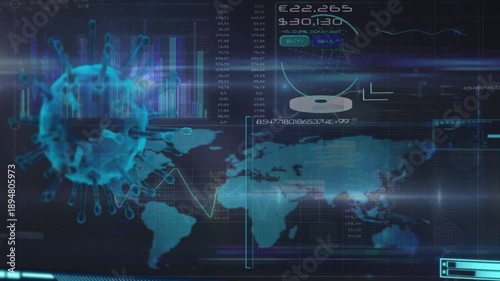 Animation of digital screen with diverse data, virus cell and world map