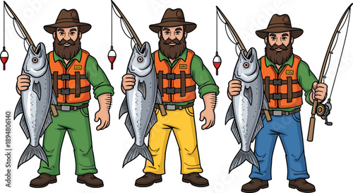 Cartoon fisherman character set holding big fish with fishing rod, outdoor sport fishing illustration for adventure, hobby, leisure activity, angling lifestyle, and nature design