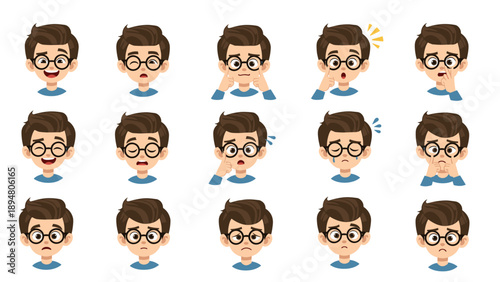 Collection of various facial expressions and emotions showing a young boy with glasses in different states of happiness and sadness.