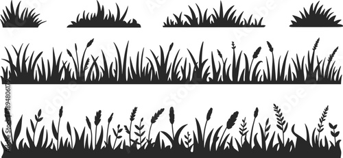 Grass and meadow plant silhouette collection featuring wild foliage borders, floral blades, and natural ground elements isolated in black vector illustration for landscape design.