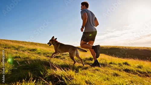 Man running with a dog across a grassy hill under a clear blue sky
