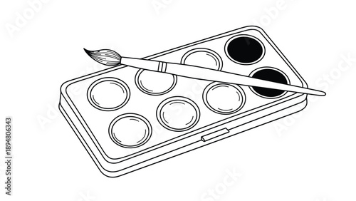 Line art illustration of a watercolor paint palette with a paintbrush resting on top for art education or creative hobby concept.