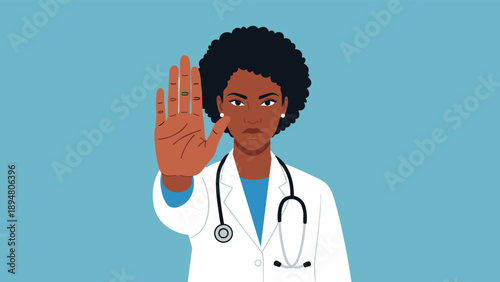 Serious female doctor with dark hair holding up her hand in a stop gesture to warn about health risks on a blue background.