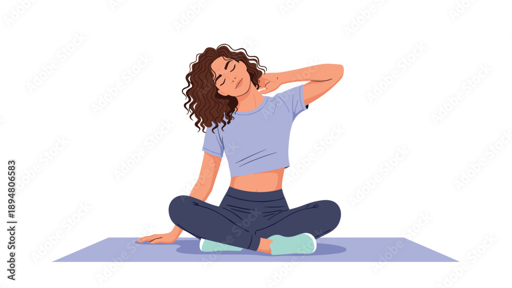 Fototapeta premium Young woman sitting cross legged on a yoga mat while gently stretching her neck during a fitness or wellness routine at home.