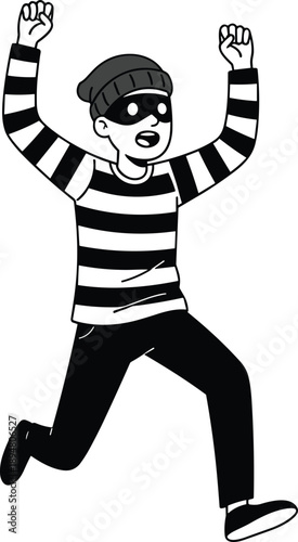 Cartoon illustration of a burglar or thief wearing a striped shirt and mask running with hands raised in the air on white background