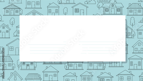 Large empty white rectangular frame placed over a seamless pattern of thin line house drawings on a light blue background.