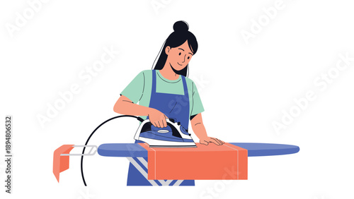 Young woman wearing a blue apron while carefully ironing an orange garment on a board for domestic household chore concept.
